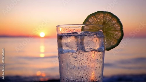 Cold drink with lime garnish on beach at sunset. Refreshing summer beverage by ocean with sun and reflection.