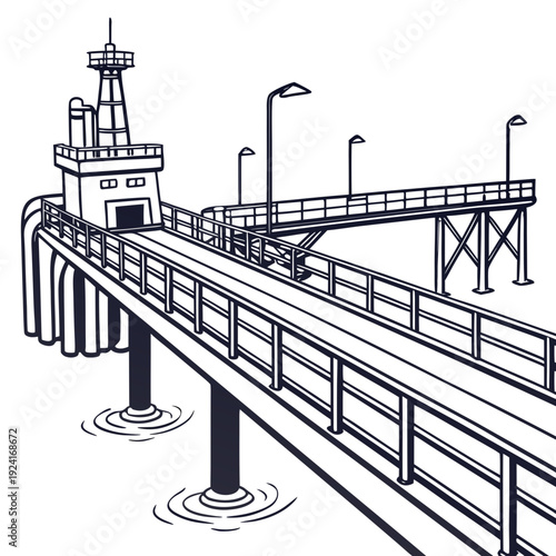 A black and white drawing of a pier with a lighthouse