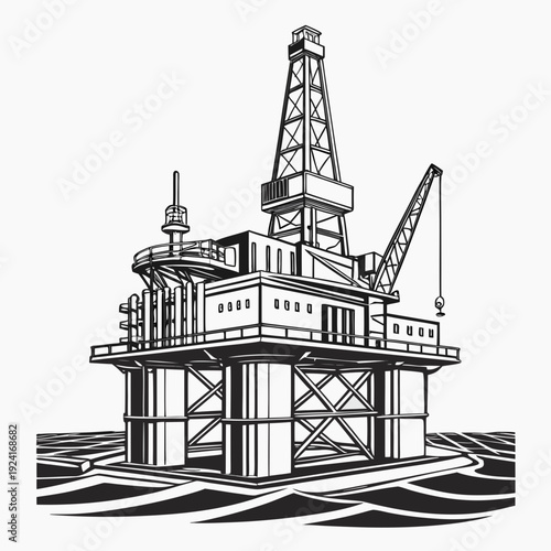 An oil rig in the middle of the ocean with a crane