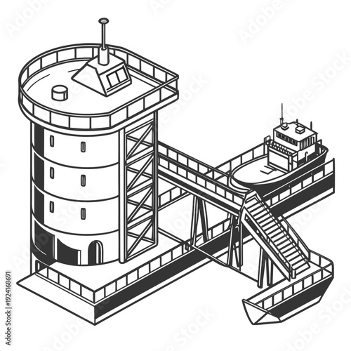 A black and white drawing of a tower with a walkway