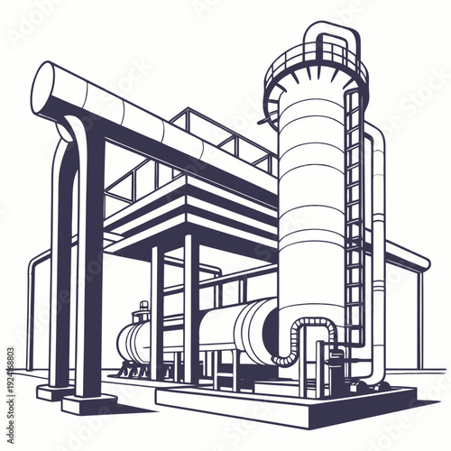Industrial facility with large cylindrical structure and pipe system
