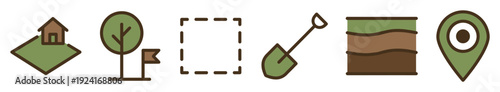 Set of land surveying icons including a house on a plot, tree, boundary marker, shovel, soil layers, and location pin, rendered in a simple flat line art style