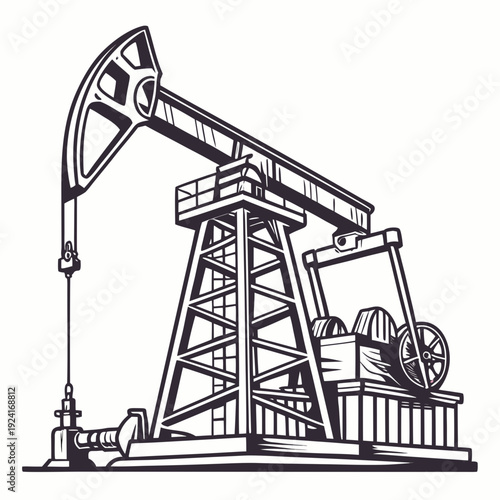 A black and white drawing of an oil pump jack