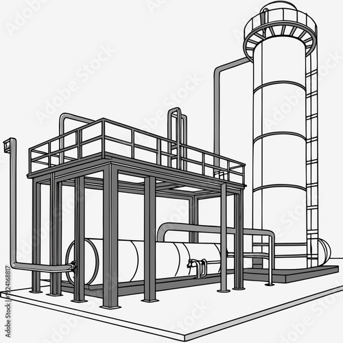 A 3d rendering of an industrial plant with a large cylindrical tank