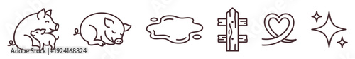 Set of six minimalist farm-themed icons showing a mother pig and piglet, a sleeping pig, a mud puddle, a wooden fence, a heart, and a sparkle, all in a simple brown line art style