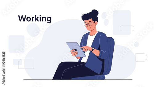 Businesswoman working on tablet computer in modern office, flat design illustration