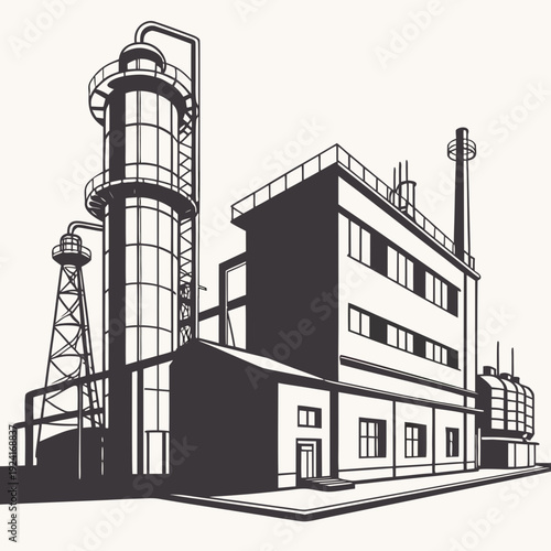 A black and white drawing of a factory building