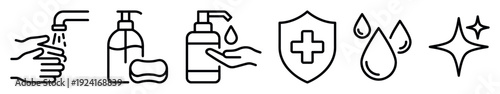 Hand washing and hygiene line icon set showing a faucet, soap dispenser, sanitizer, protection shield, water drops, and sparkle symbol for cleanliness and sanitation concepts