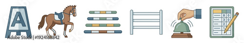 Set of equestrian show jumping icons in a clean cartoon style, featuring a saddled horse, competition fence, colorful poles, a judge's bell, and a scoring sheet