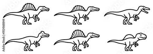 Set of six black dinosaur line art icons featuring Spinosaurus and other theropods in a simple minimalist cartoon style for graphic design elements collection