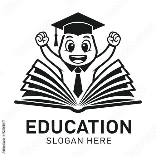 Happy Graduation Education Mascot Logo with Book and Cap Black and White Vector Illustration.