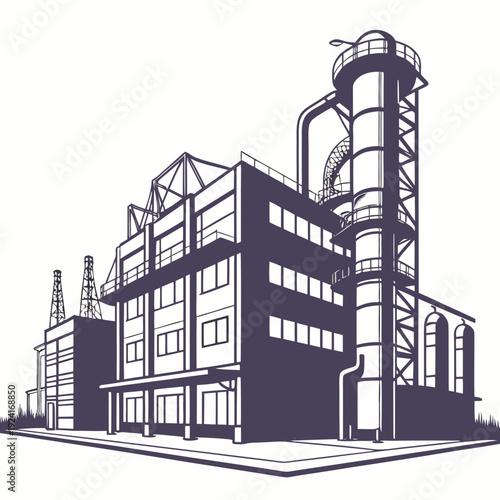 Industrial building with a tall tower and smokestack