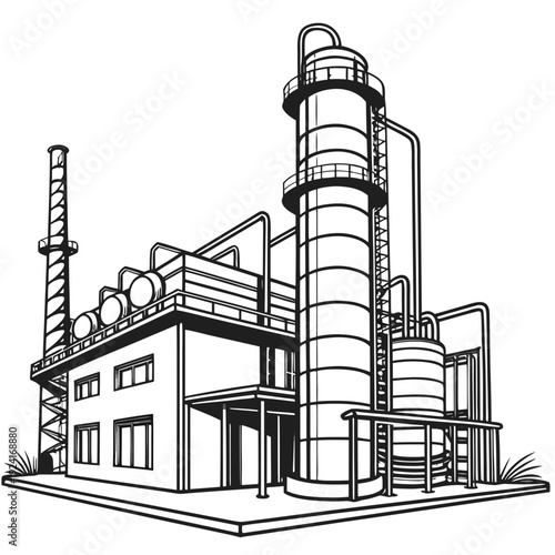 A factory with a smokestack and a building