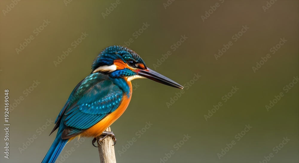 Fototapeta premium A vibrant kingfisher perched on a wooden branch against a blurred green background