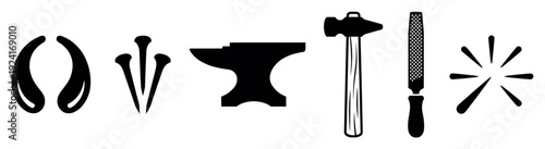 Set of black farrier tool icons including tongs, nails, an anvil, a hammer, and a rasp with sparks in a minimalist graphic style for blacksmithing concepts