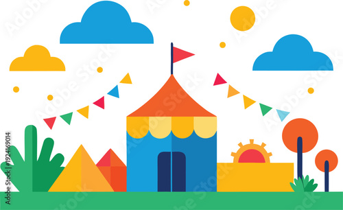 Colorful circus tent with decorations isolated on transparent background, Vector, illustration