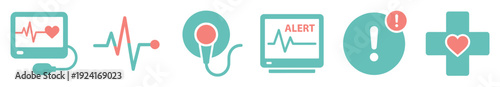 Collection of medical and healthcare icons featuring a heart rate monitor, stethoscope, ECG waveform, alert sign, and a cross symbol in a simple flat graphic style