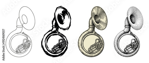 Four sousaphone musical instrument vector illustrations in a collection of artistic styles including line art, brush stroke, vintage engraving, and pointillism