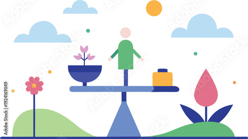 Person balancing on a seesaw with objects isolated on transparent background, Vector, illustration