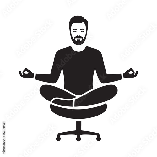 A silhouetted man meditates in the lotus position on an office chair