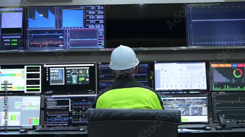 Professional engineer monitoring complex data systems on multiple screens in modern control center. Male worker analyzing digital charts and graphs for security and automation performance.