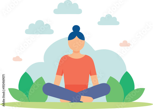 Woman meditating in nature isolated on transparent background, Vector, illustration