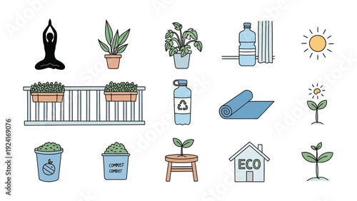 Sustainable Wellness Icon Set: A collection of simple, colorful icons that embody well-being, healthy habits, and eco-consciousness, promoting balance and harmony in everyday life.