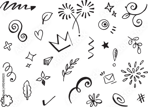 Collection of whimsical doodle illustrations and decorative elements