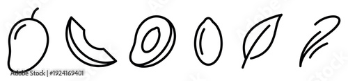 Minimalist black line art mango fruit icons featuring a whole fruit, a juicy slice, a half with a pit, a seed, and a leaf in a simple hand-drawn sketch style