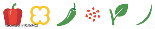 Collection of colorful pepper icons showing a whole red bell pepper, a yellow slice, a green chili, seeds, and a stem in a minimalist flat graphic illustration style