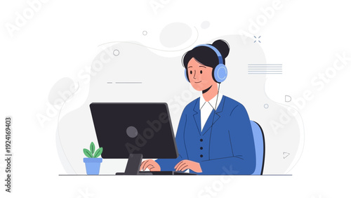 Customer service agent wearing headset working on computer, flat illustration