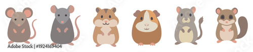 Cute collection of various rodent pets including a mouse, rat, hamster, guinea pig, chinchilla, and chipmunk standing in a row, illustrated in a simple flat cartoon style