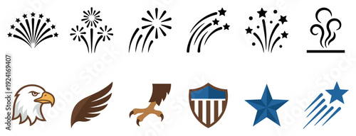 Collection of patriotic symbols and icons including various firework bursts, an eagle head, a wing, a talon, a striped shield, and stars in a flat graphic illustration style