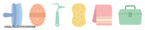 Colorful horse grooming tools set including a brush, curry comb, hoof pick, sponge, towel, and box, presented in a flat vector illustration style with a pastel color palette