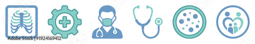 Medical and healthcare flat vector icon set featuring a rib cage x-ray, doctor, stethoscope, petri dish, and family care symbols for web and mobile applications