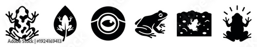 Set of six black frog icons shows various amphibian symbols including a spotted frog, a leaf, an eye, and a croaking toad in a minimalist graphic style