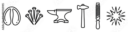 Blacksmithing and farrier tools icon set featuring a horseshoe, nails, anvil, hammer, and rasp in a clean, minimalist black line art style for graphic design concepts