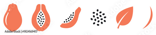 Papaya fruit icon set with whole, half, slice, seeds, and leaf elements in a minimalist flat graphic style for healthy food and tropical concepts, a simple vector illustration collection