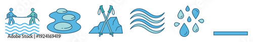 Set of six blue line art icons representing water activities, nature, and outdoor sports like hiking, presented in a clean, minimalist, and modern graphic illustration style