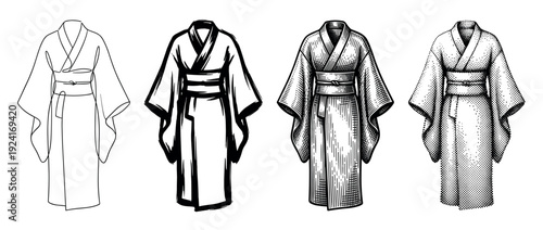 Four traditional Asian kimono robe illustrations showing different artistic styles from line art and brushstroke to engraving and halftone dot pattern in a monochrome collection