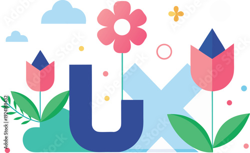 Letter u with flowers and mountains isolated on transparent background, Vector, illustration