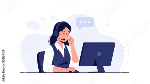 Customer service operator with headset and computer, online support, flat illustration