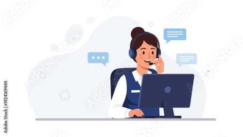 Customer service operator with headset and computer, communication and support concept