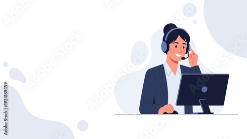 Customer service operator with headset and computer, professional support agent
