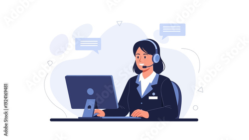 Customer Service Representative Working on Computer with Headset
