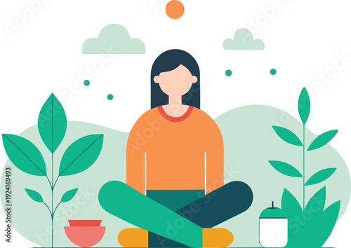 Woman meditating in nature isolated on transparent background, Vector, illustration