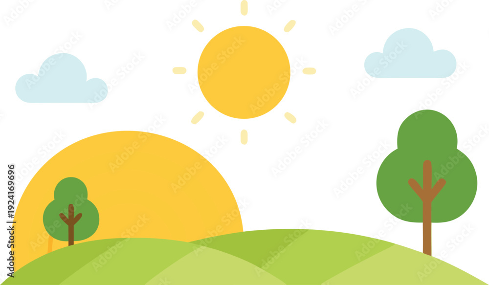 Obraz premium Sunrise over green hills with trees isolated on transparent background, Vector, illustration