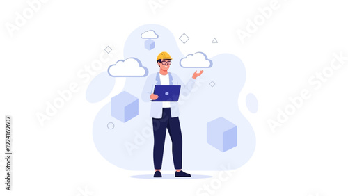 Engineer with Laptop and Cloud Computing Icons