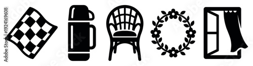 Set of five black silhouette icons featuring a checkered flag, thermos, wicker chair, floral wreath, and an open window with a curtain, presented in a simple graphic style