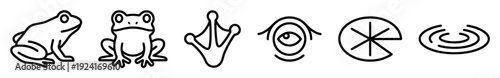 Set of six black line art frog icons showing an amphibian, its webbed footprint, eye, a lily pad, and water ripples in a clean, minimalist and modern graphic design style